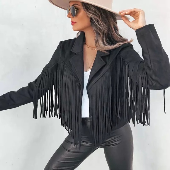 Black Tassel suede boho festival fringe jacket long sleeve jacket - Picture 3 of 9